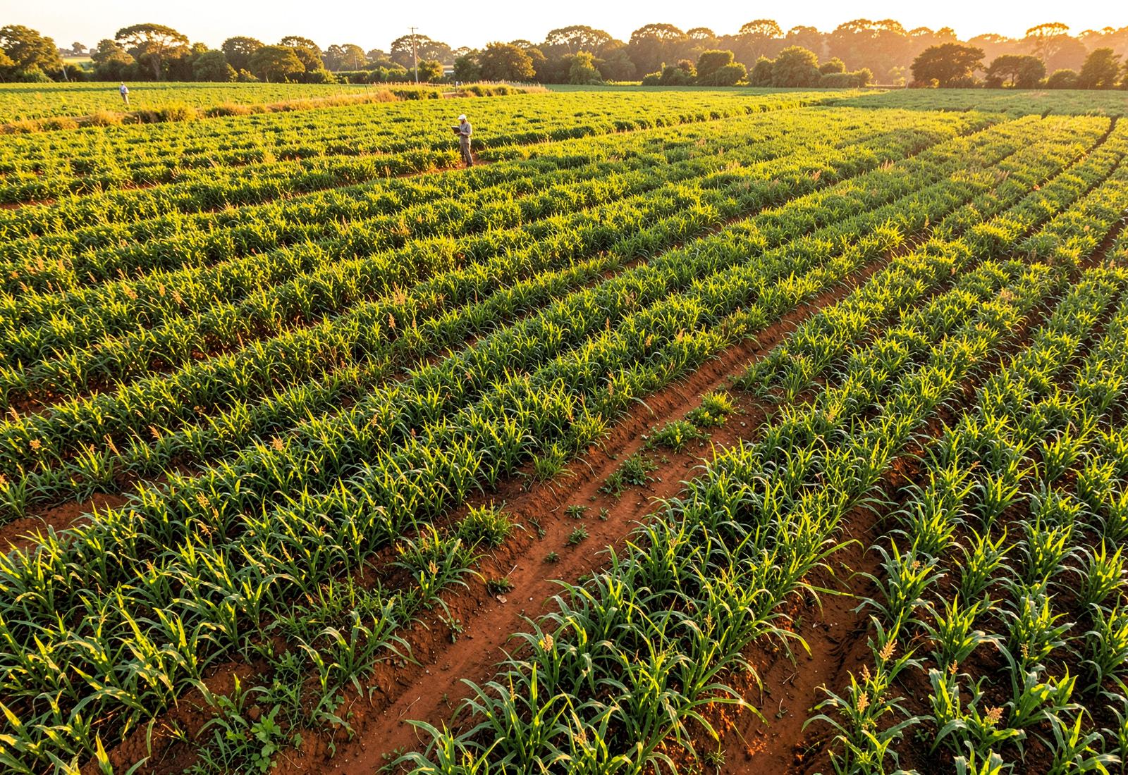 Crop rows at golden hour with an agronomist scouting the field